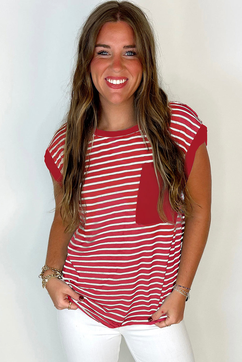 Black Stripe Chest Pocket Patch Round Neck Tank Top