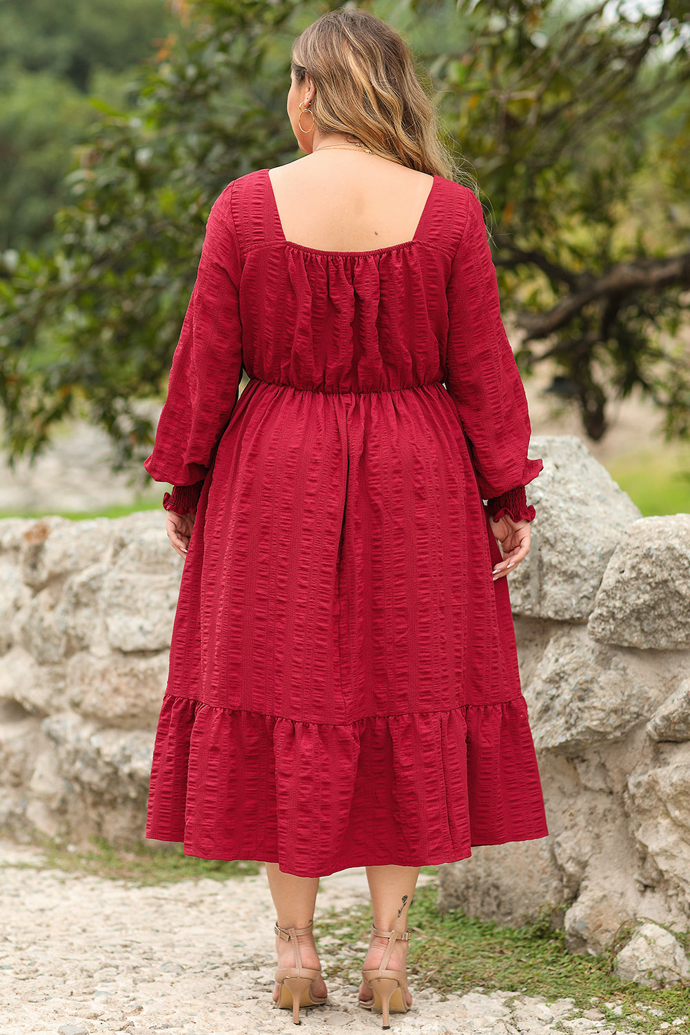 Fiery Red Lace-up Ruched Front Long Sleeve Ruffle Hem Plus Size Midi Dress
