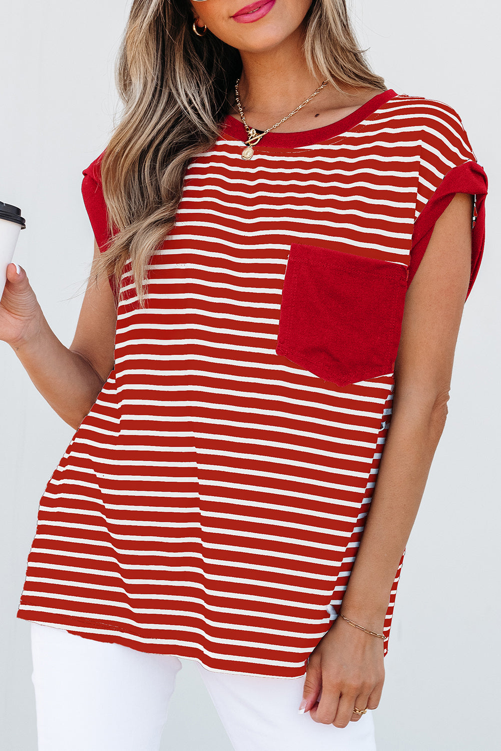 Black Stripe Chest Pocket Patch Round Neck Tank Top
