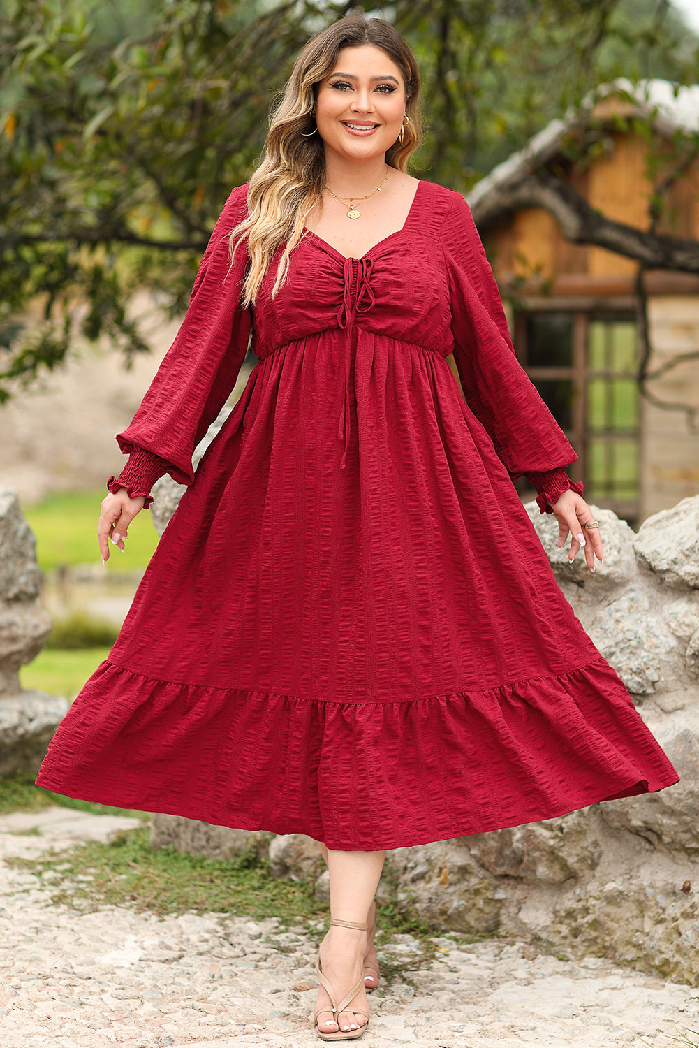 Fiery Red Lace-up Ruched Front Long Sleeve Ruffle Hem Plus Size Midi Dress