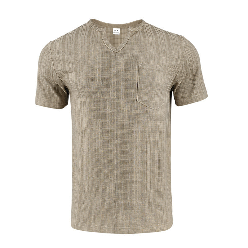 Men's Artificial Linen Bamboo Loose Casual Breathable V-neck Solid Color Short Sleeve