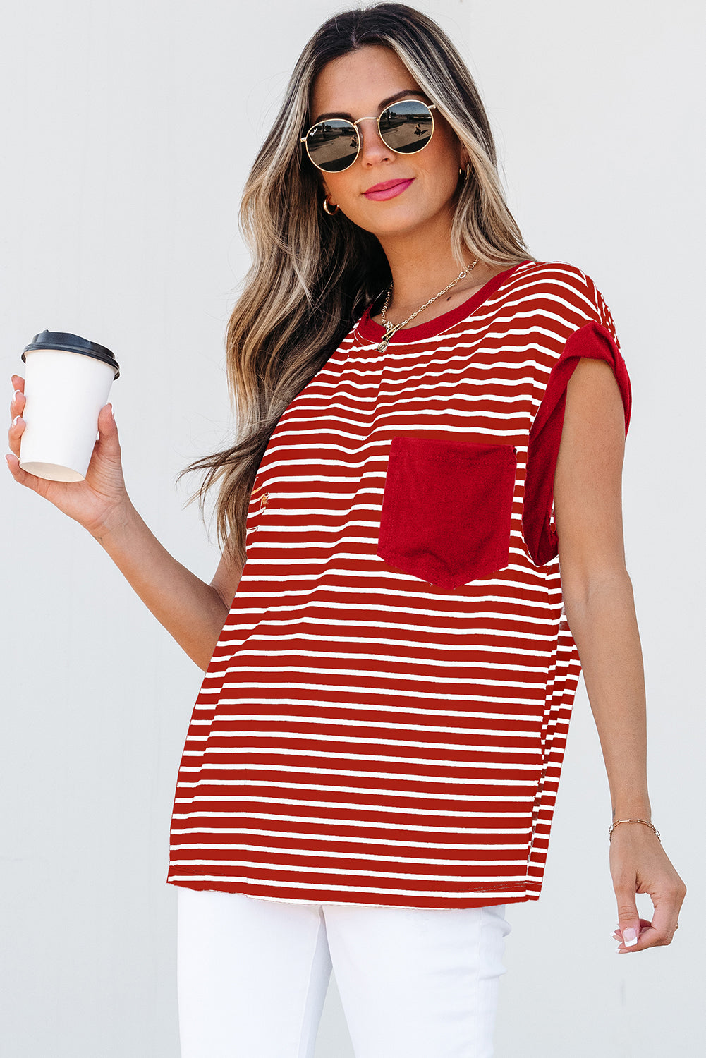 Black Stripe Chest Pocket Patch Round Neck Tank Top