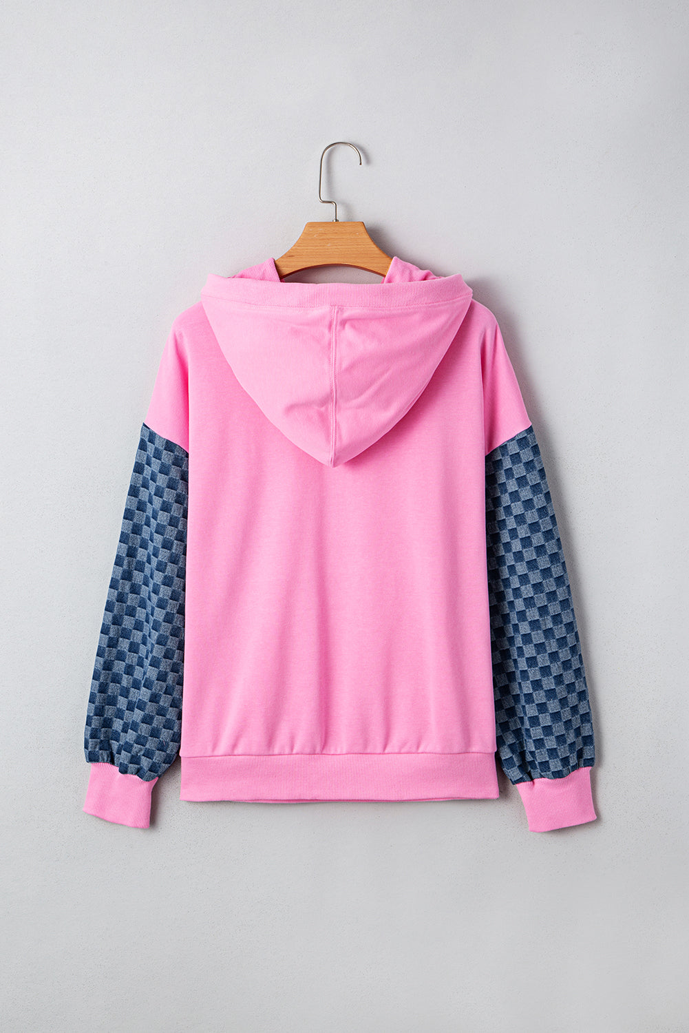 Bonbon Checkered Patchwork Kangaroo Pocket Half Zipper Hoodie