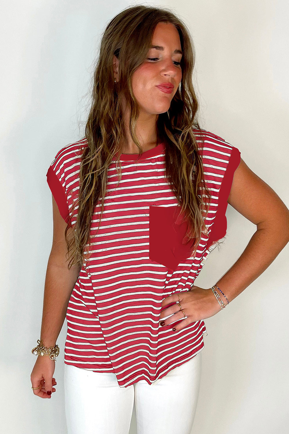 Black Stripe Chest Pocket Patch Round Neck Tank Top