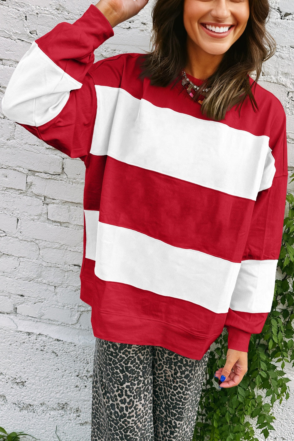 Fiery Red Colorblock Drop Shoulder Baggy Sweatshirt