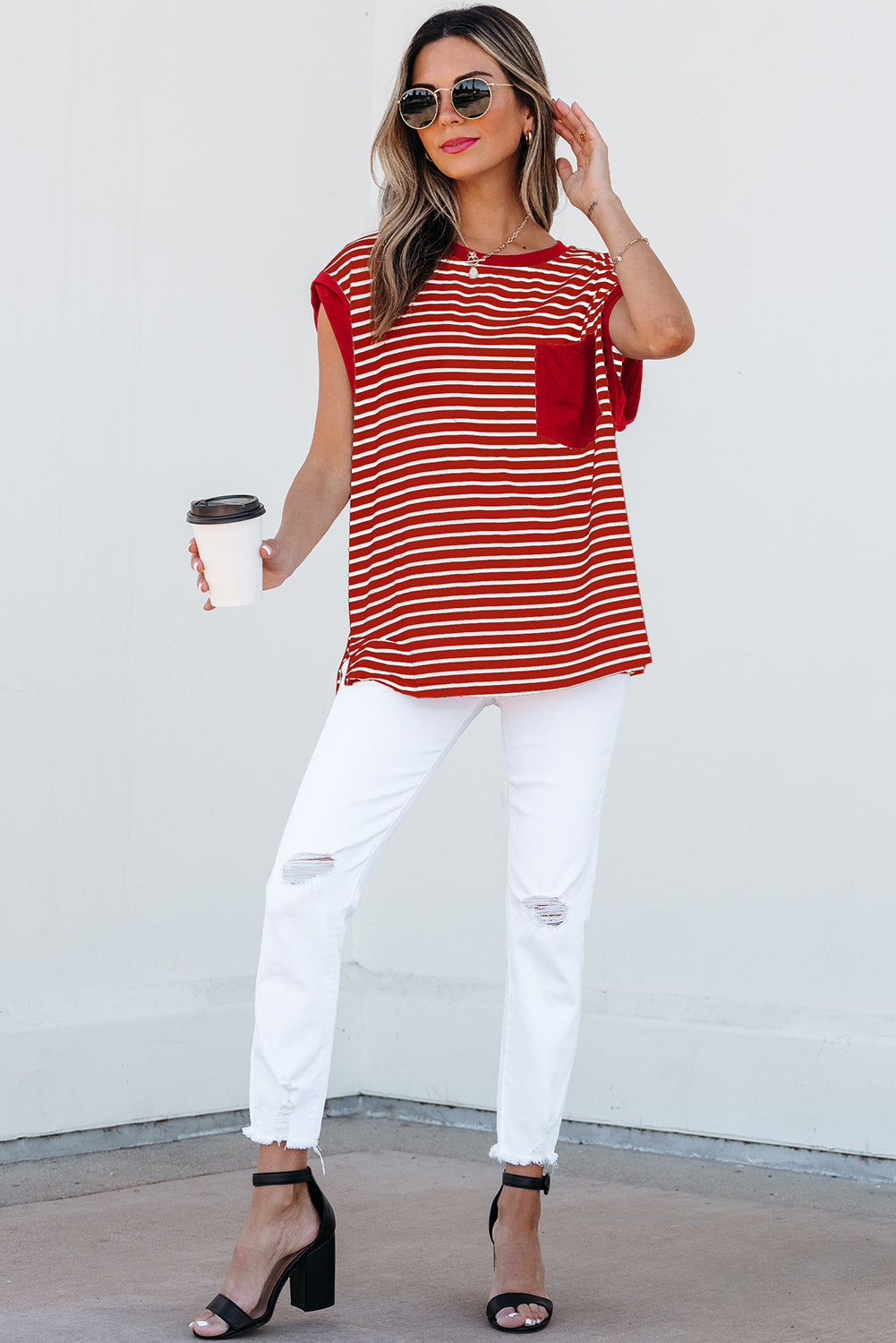 Black Stripe Chest Pocket Patch Round Neck Tank Top