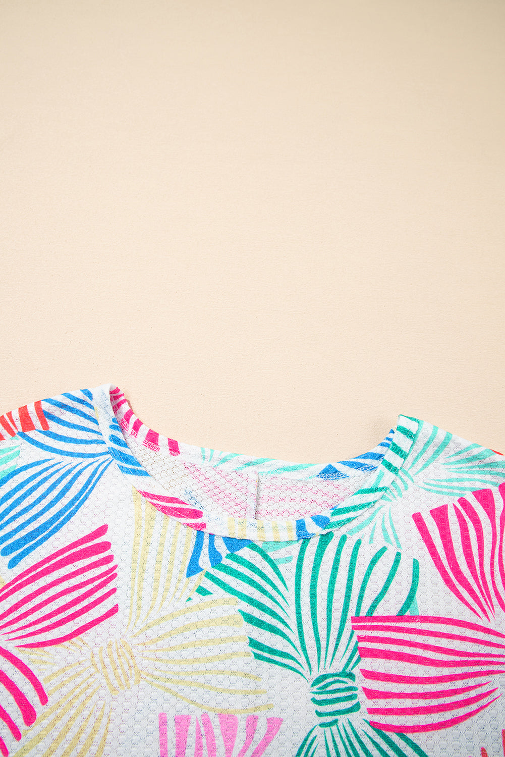 Multicolour Bowknot Printed Waffle Crewneck Loose Short Sleeve Top