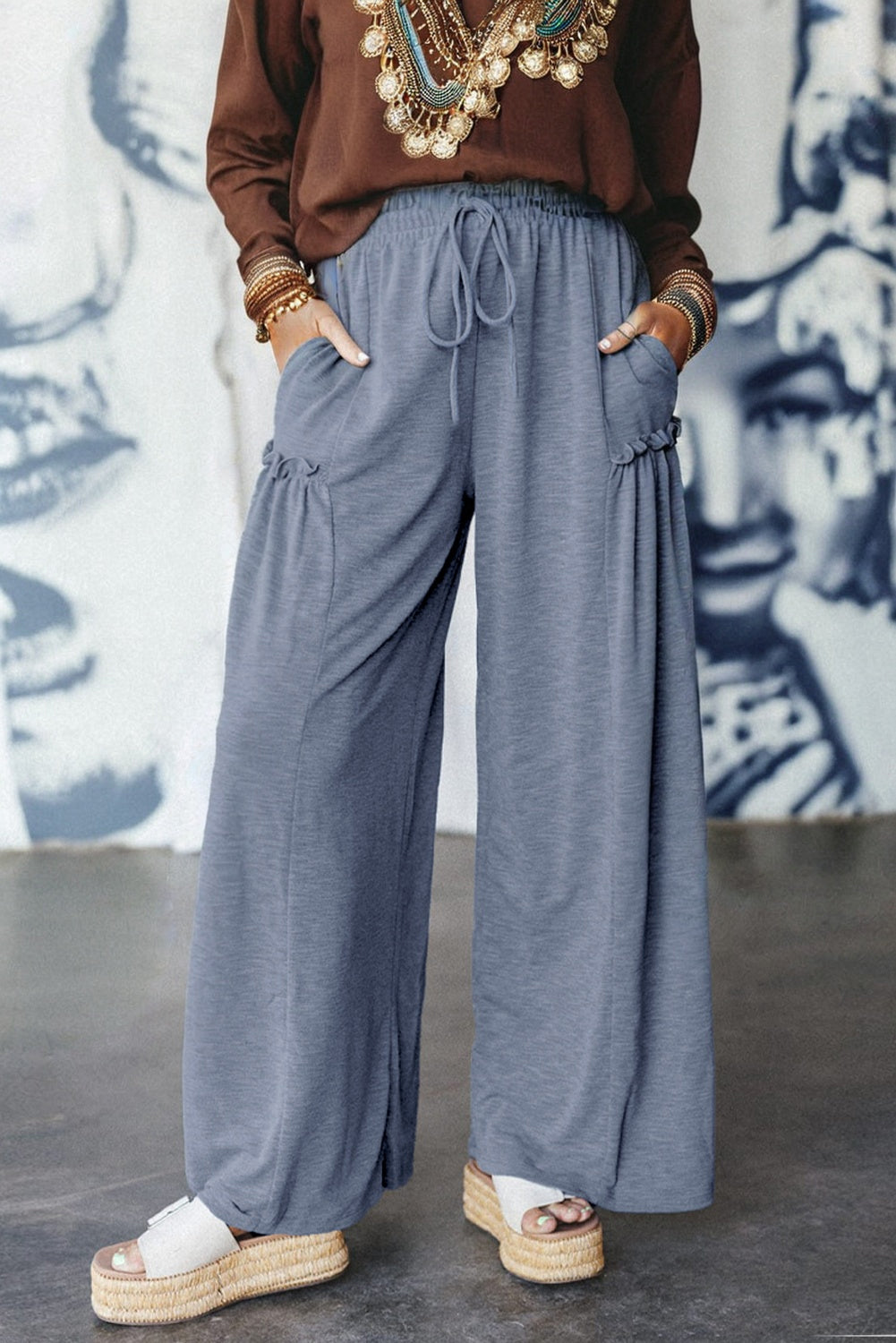 Frilled Detail Wide Leg Drawstring Elastic Waistband Pants