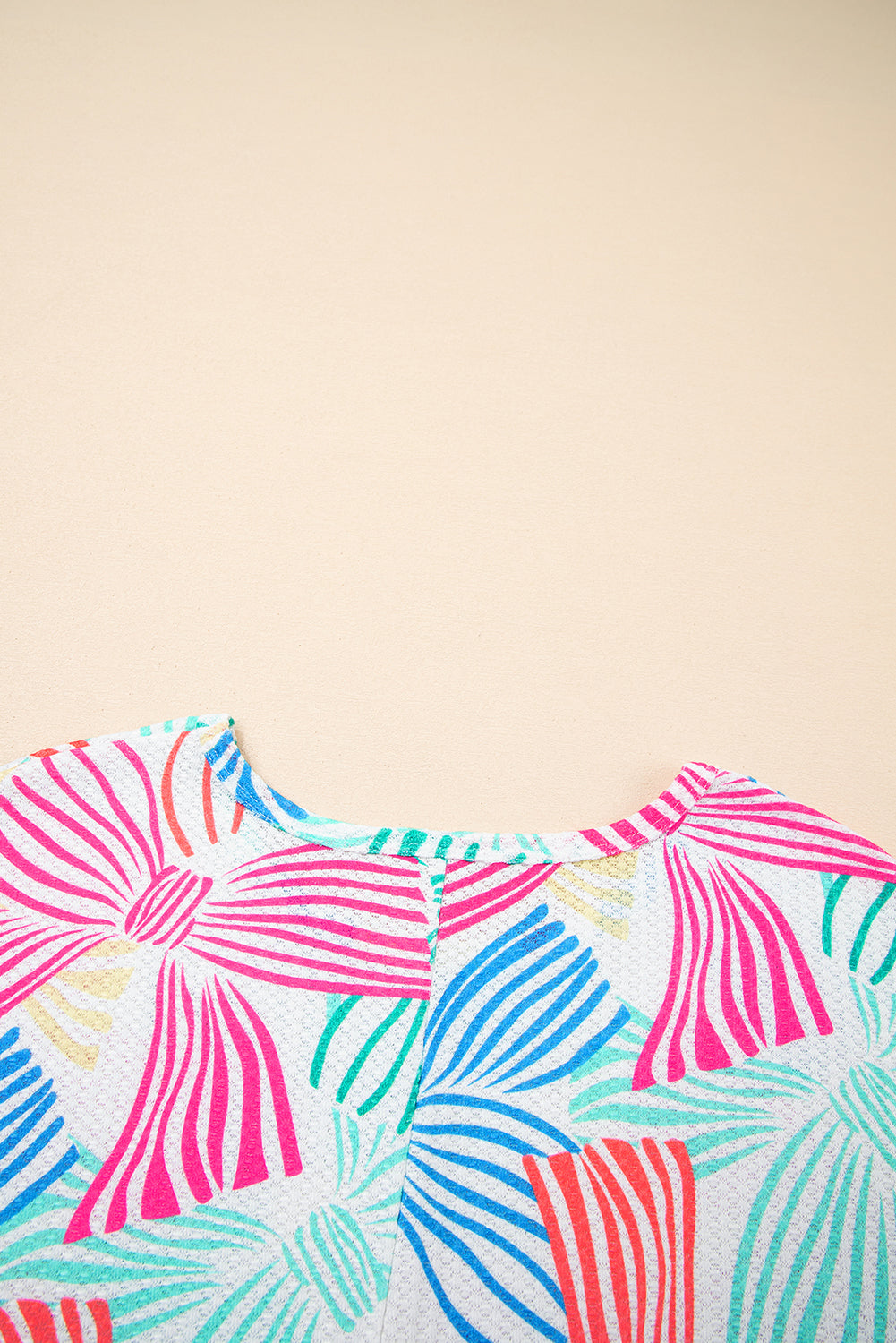 Multicolour Bowknot Printed Waffle Crewneck Loose Short Sleeve Top