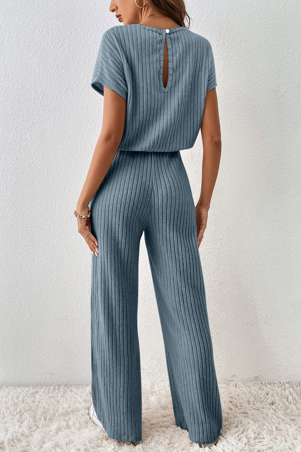 Black Ribbed Keyhole Short Sleeve Wide Leg Jumpsuit