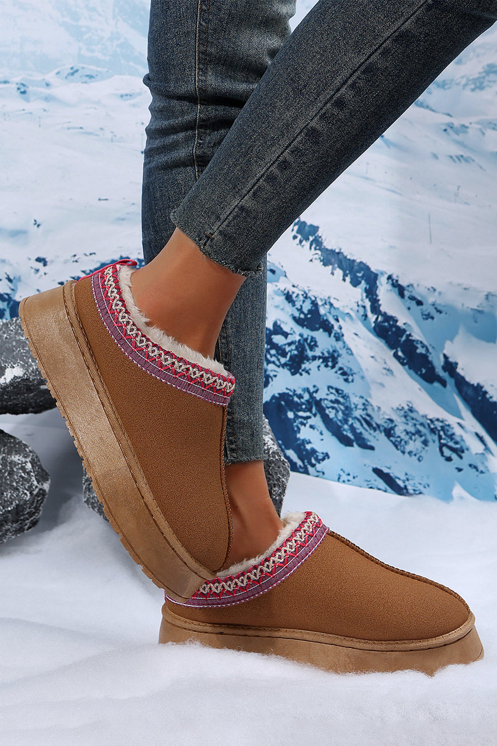 Black Contrast Print Suede Plush Lined Snow Boots