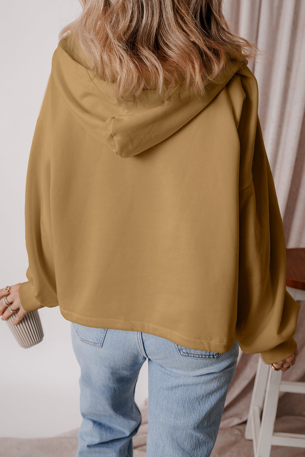 Bonbon Fleece Lined Half Zipper Kangaroo Pockets Loose Hoodie