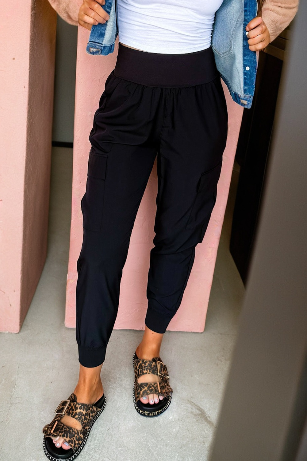 Black Elastic High Waist Pocketed Cargo Jogger Pants