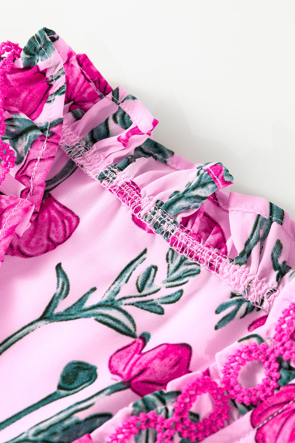 Pink Floral Lace Detail Frilled V Neck Summer Blouse