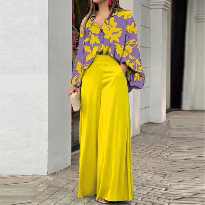 Women's Printed Shirt Wide Leg Pants Fashion Casual Set