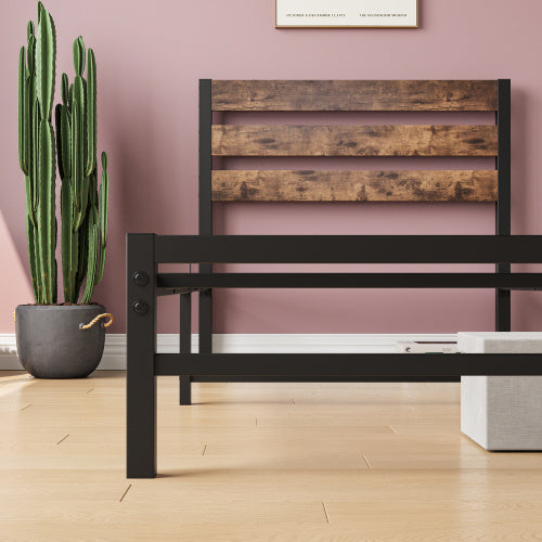 Twin Size Platform Bed Frame With Rustic Vintage Wood Headboard, Strong Metal Slats Support Mattress Foundation, No Box Spring Needed Rustic Brown