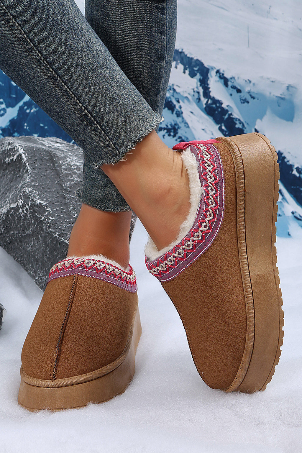 Black Contrast Print Suede Plush Lined Snow Boots