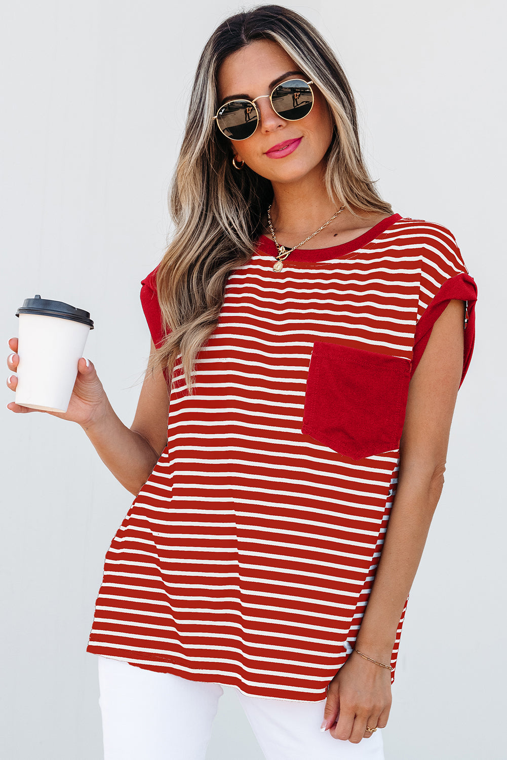 Black Stripe Chest Pocket Patch Round Neck Tank Top