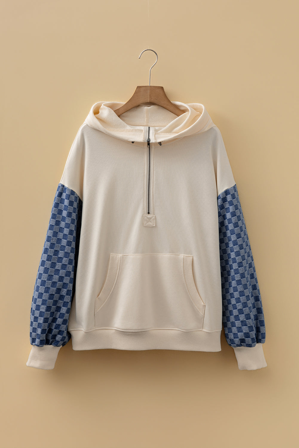 Bonbon Checkered Patchwork Kangaroo Pocket Half Zipper Hoodie
