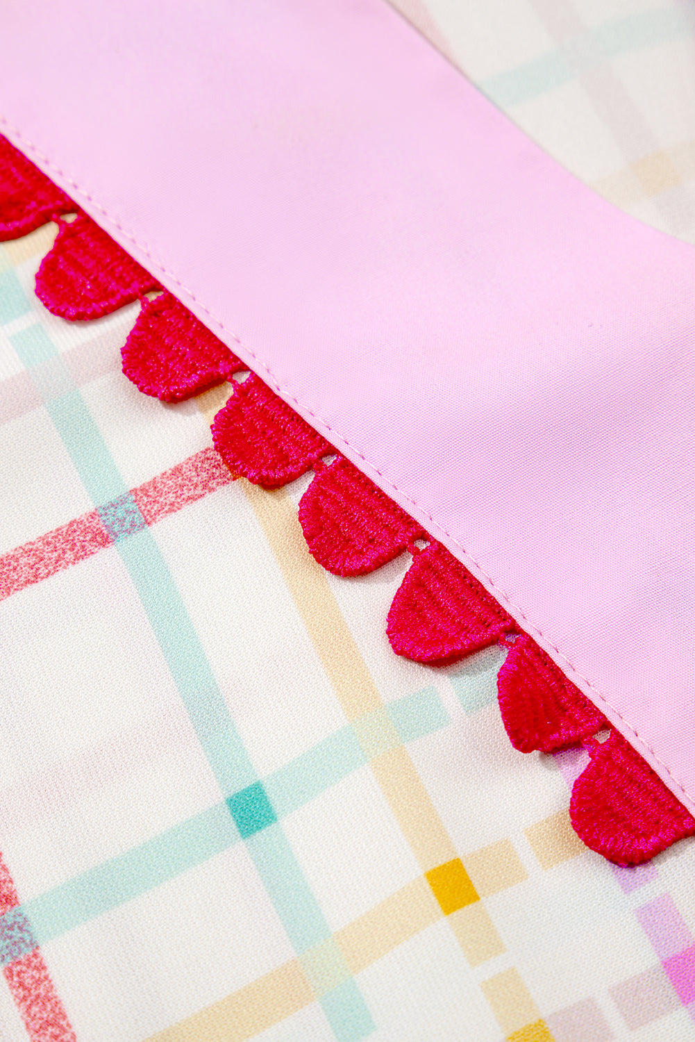 White Plaid Flutter Sleeve Colorblock Ric Rac Split V Neck Blouse