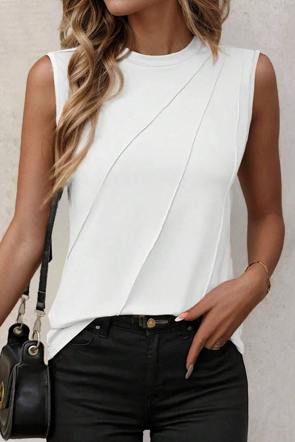 Gray Crew Neck Pleated Tank Top