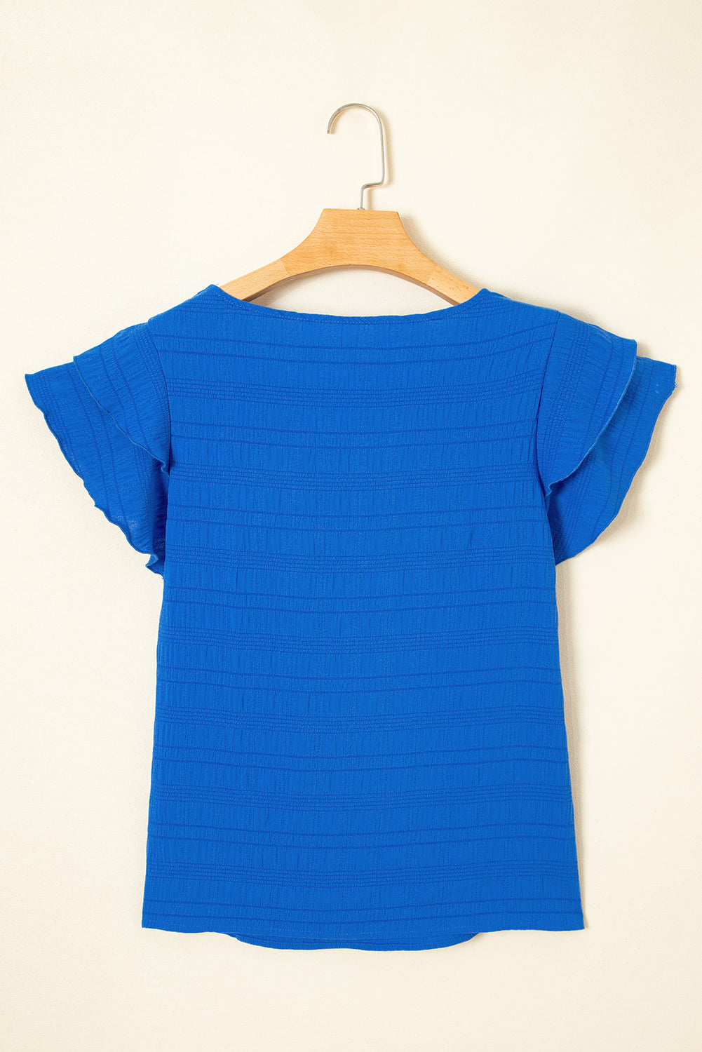 Dark Blue Textured Ruffled Sleeve Round Neck Top
