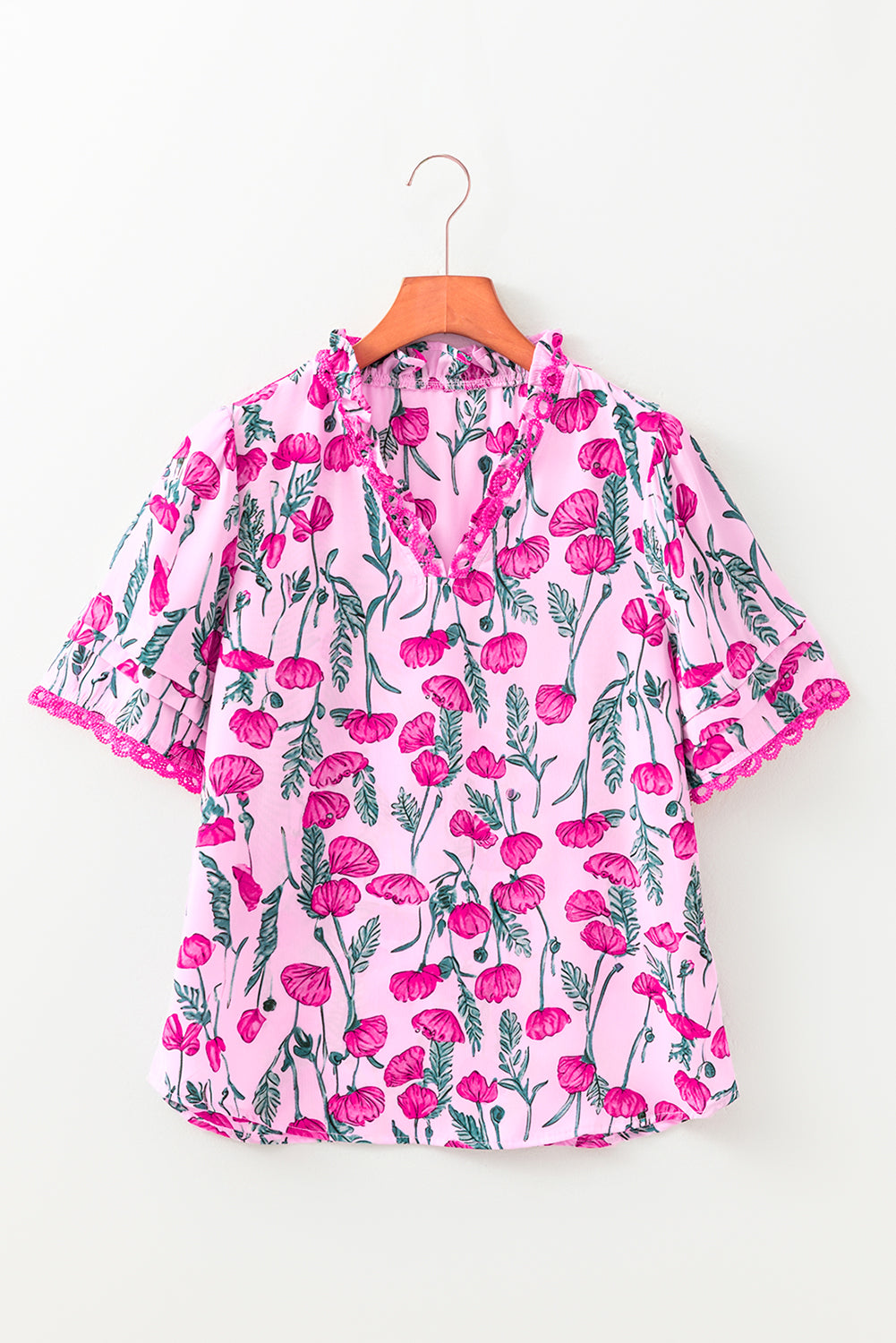 Pink Floral Lace Detail Frilled V Neck Summer Blouse