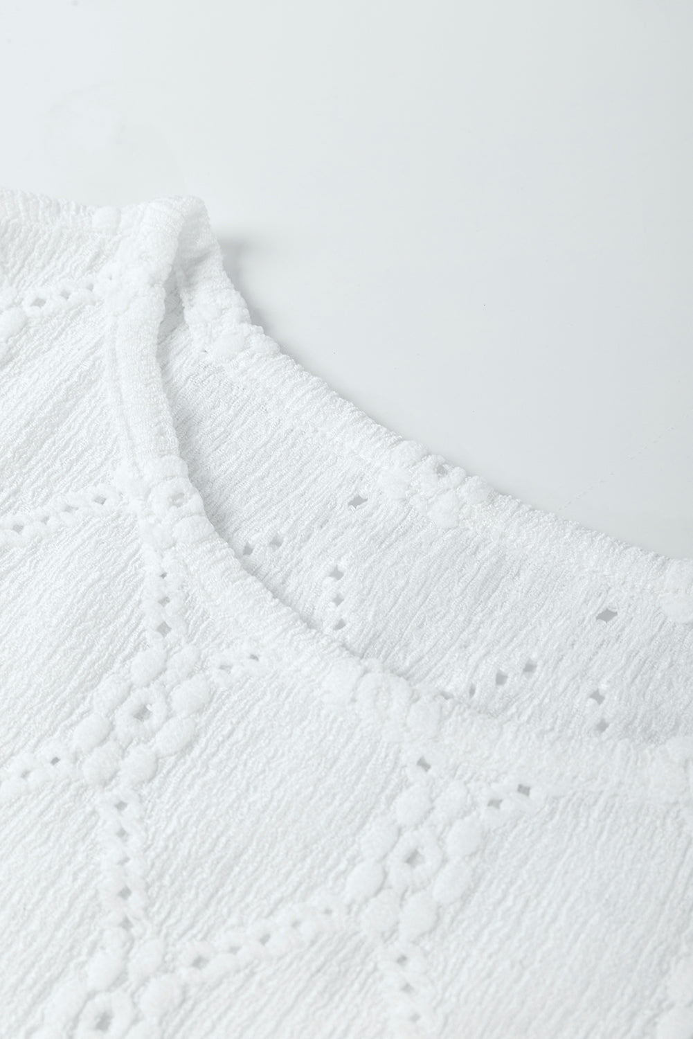 White Flower Geometric Textured Button Short Sleeve Top