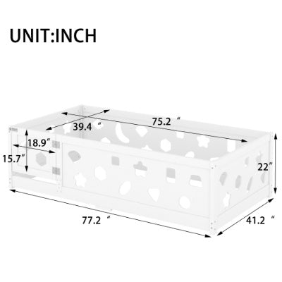 Twin Size Floor Bed With Heightened Safety Guardrails And Door, Solid Wood Bedframe With Rails For Girls, Boys, Teens, Child Bedroom, Kids Playroom, No Slats Included, White