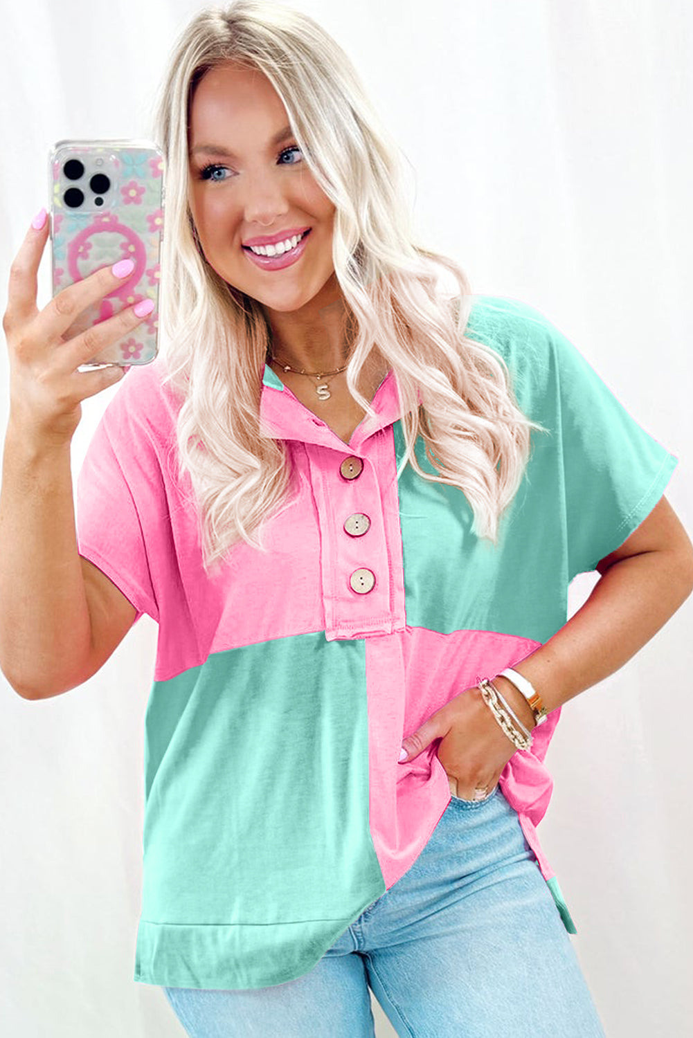 Mint Green Two Tone Half Buttons Collared T Shirt