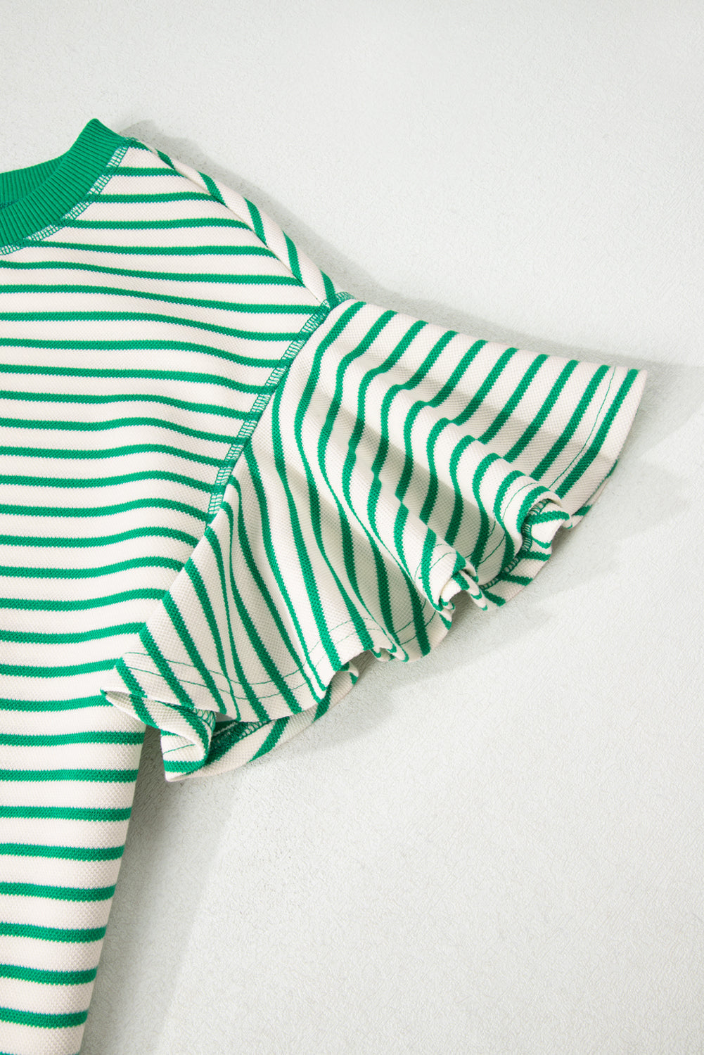 Bright Green Contrast Detail Striped Ruffle Short Sleeve Top