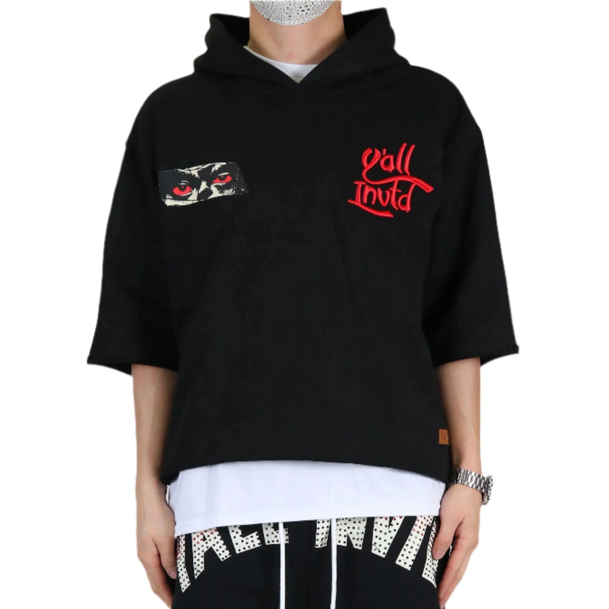 Men French Terry 3/4 Sleeve Crop Top Pullover Hoodie