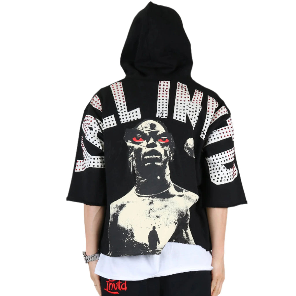 Men French Terry 3/4 Sleeve Crop Top Pullover Hoodie