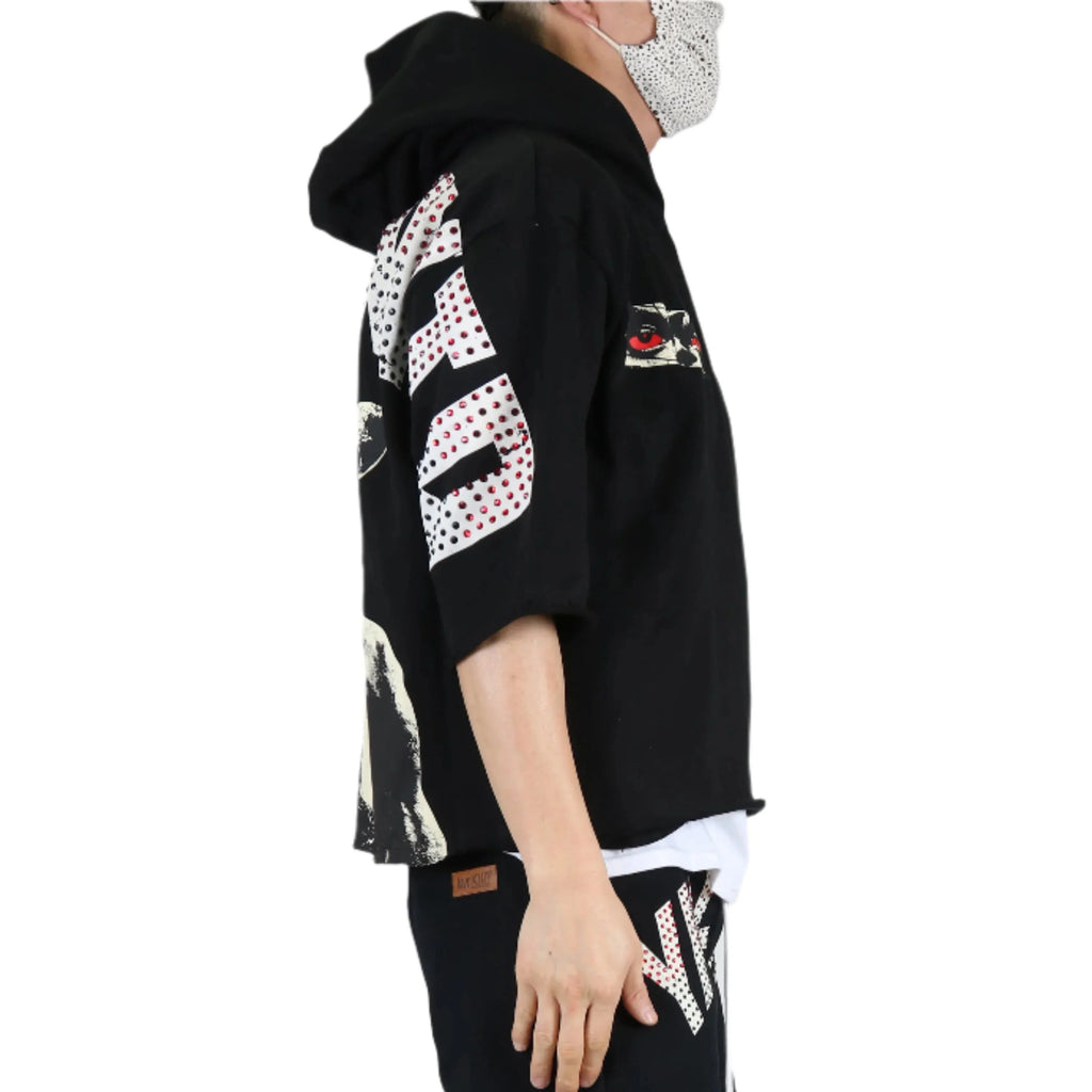 Men French Terry 3/4 Sleeve Crop Top Pullover Hoodie