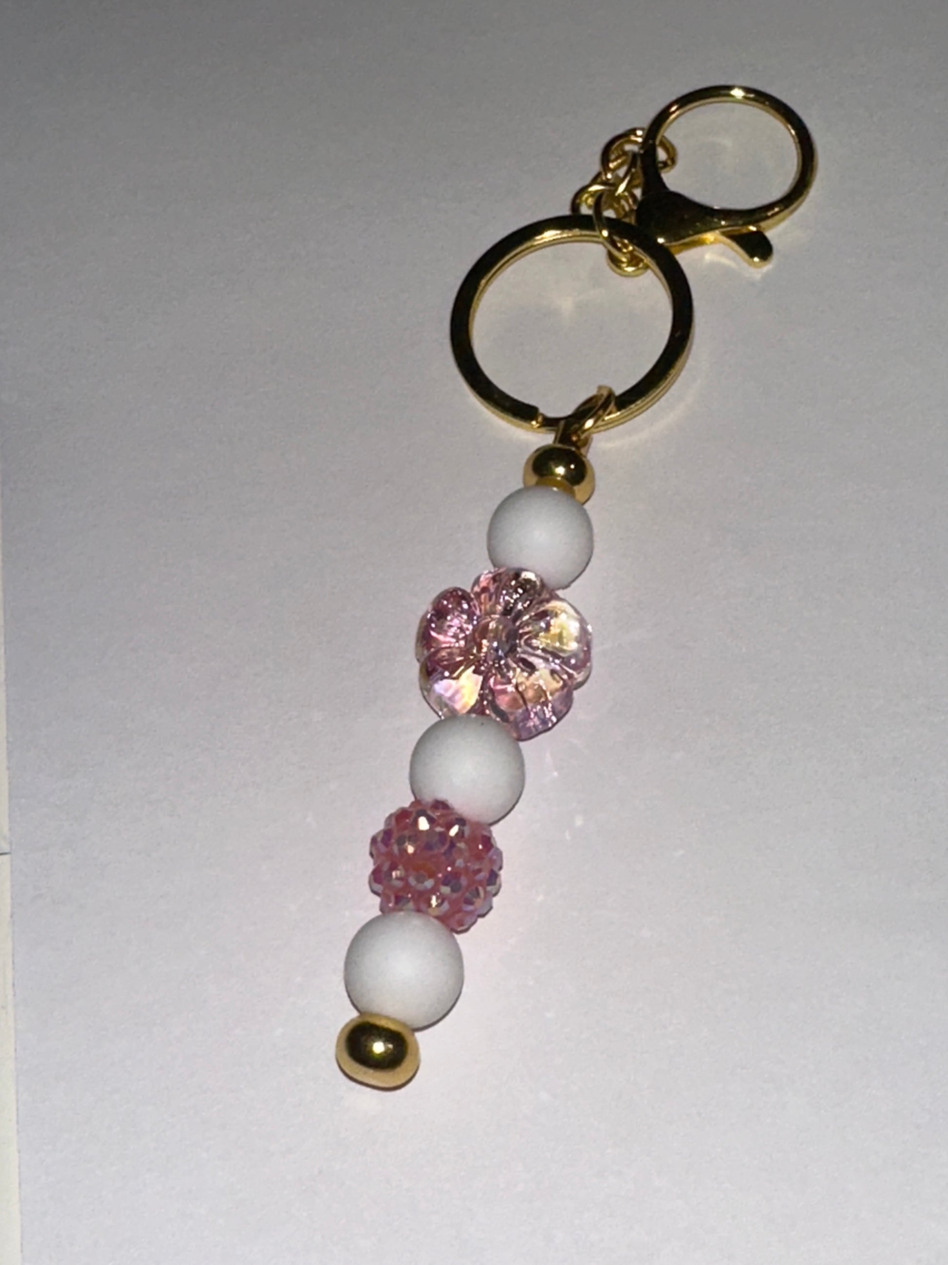 Pink & White bead keychain