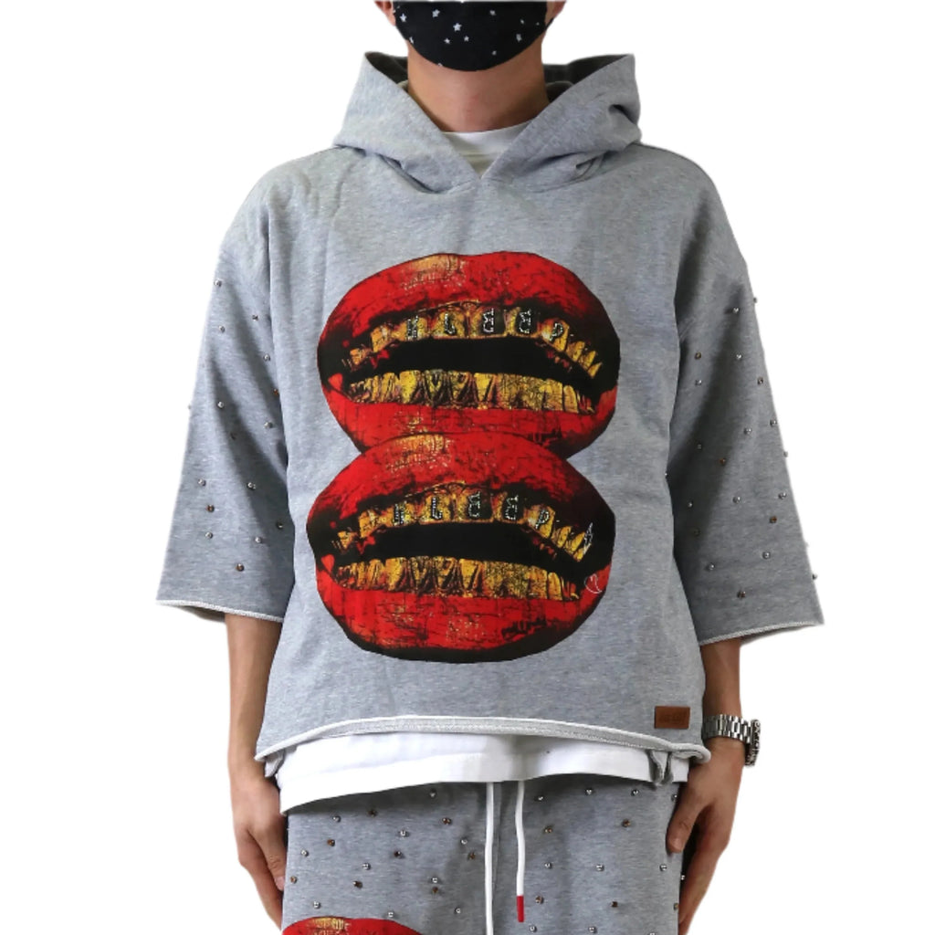 Men French Terry 3/4 Sleeve Crop Top Pullover Hoodie