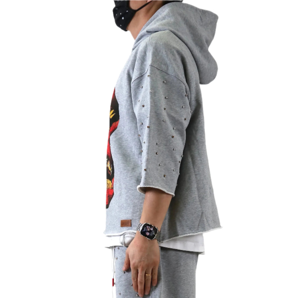 Men French Terry 3/4 Sleeve Crop Top Pullover Hoodie