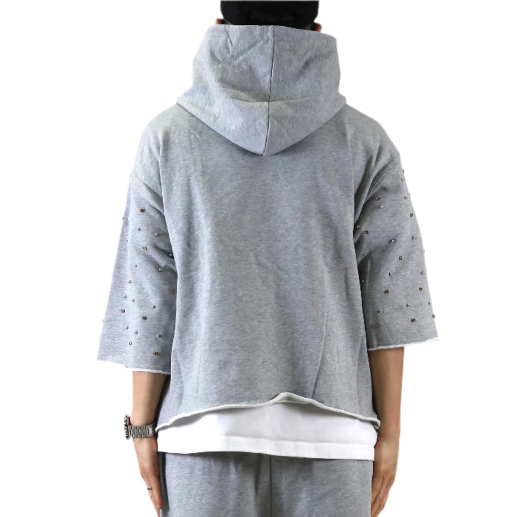 Men French Terry 3/4 Sleeve Crop Top Pullover Hoodie