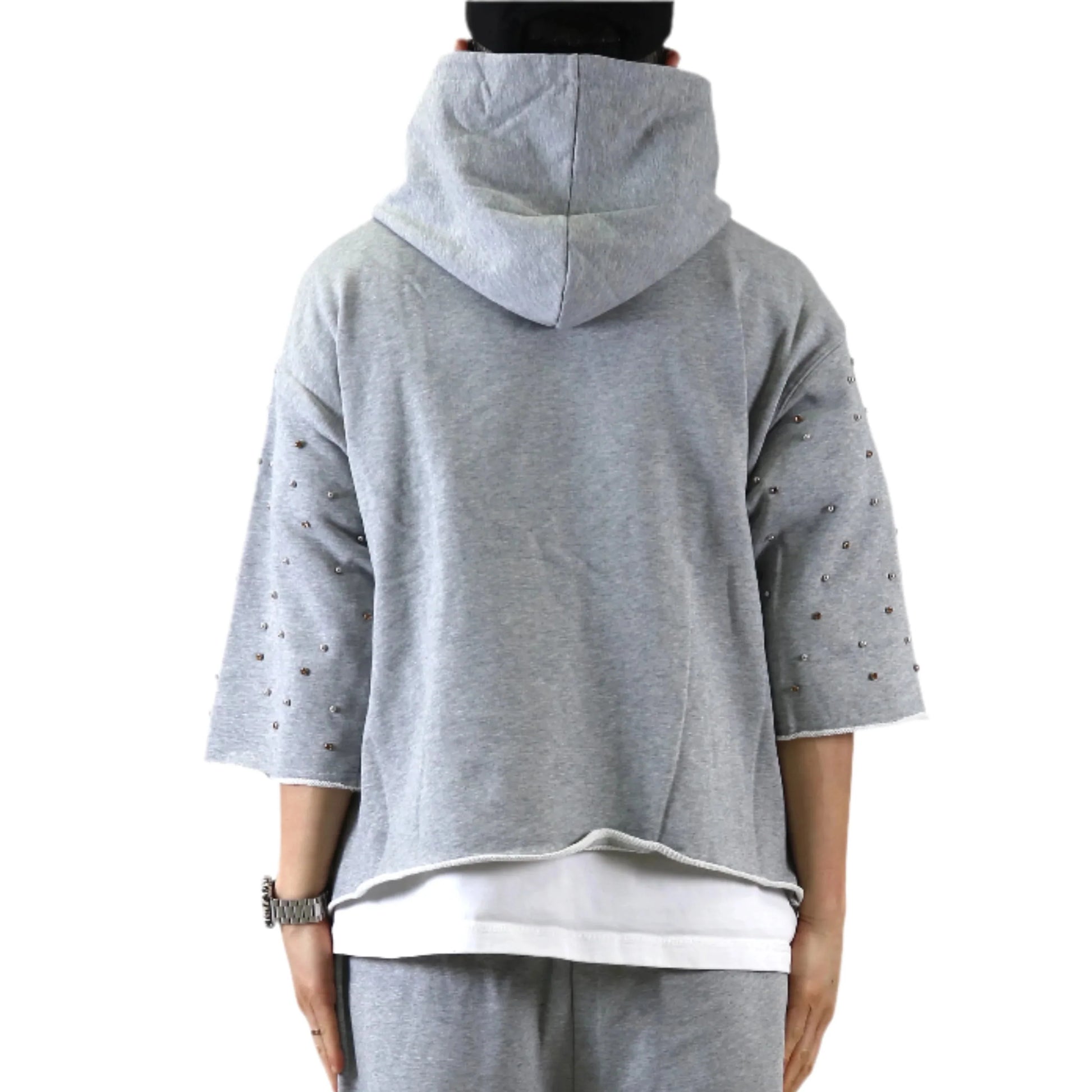 Men French Terry 3/4 Sleeve Crop Top Pullover Hoodie