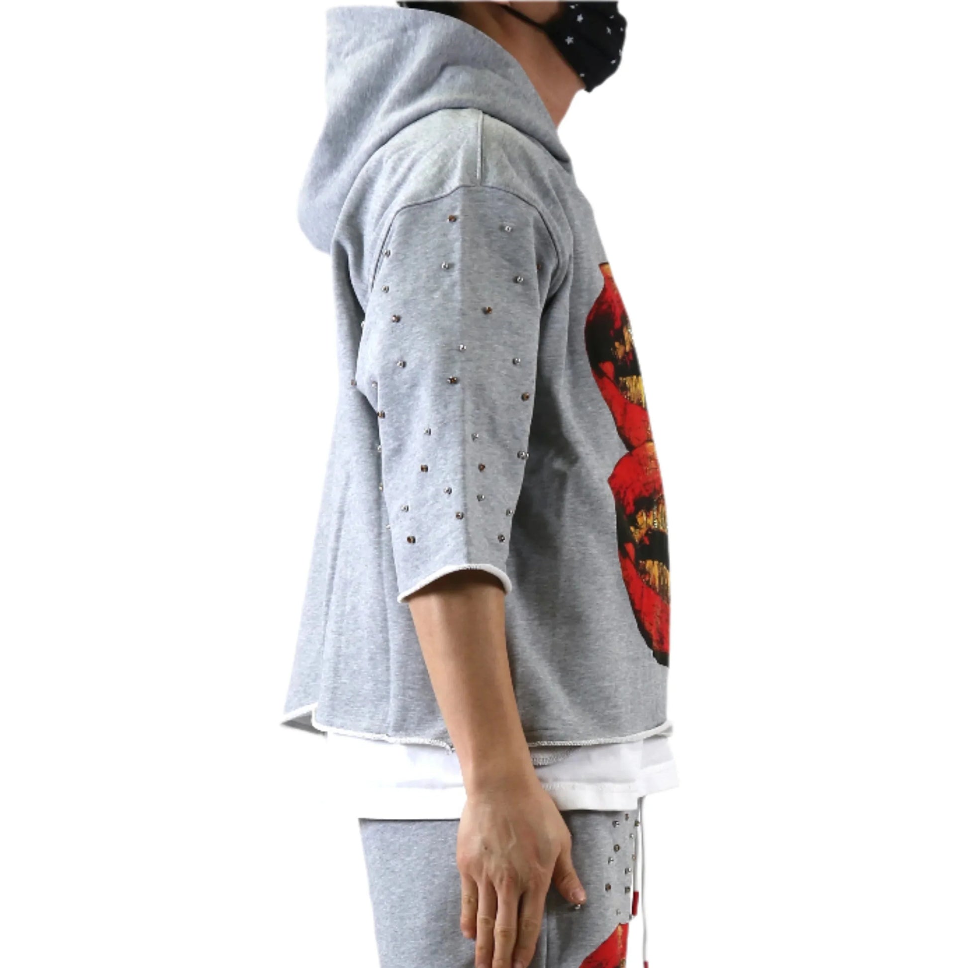 Men French Terry 3/4 Sleeve Crop Top Pullover Hoodie