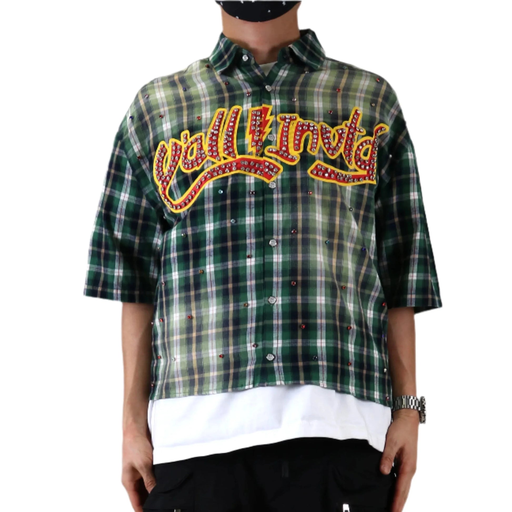 Men Washed Flannel Crop Top Button Down Shirt
