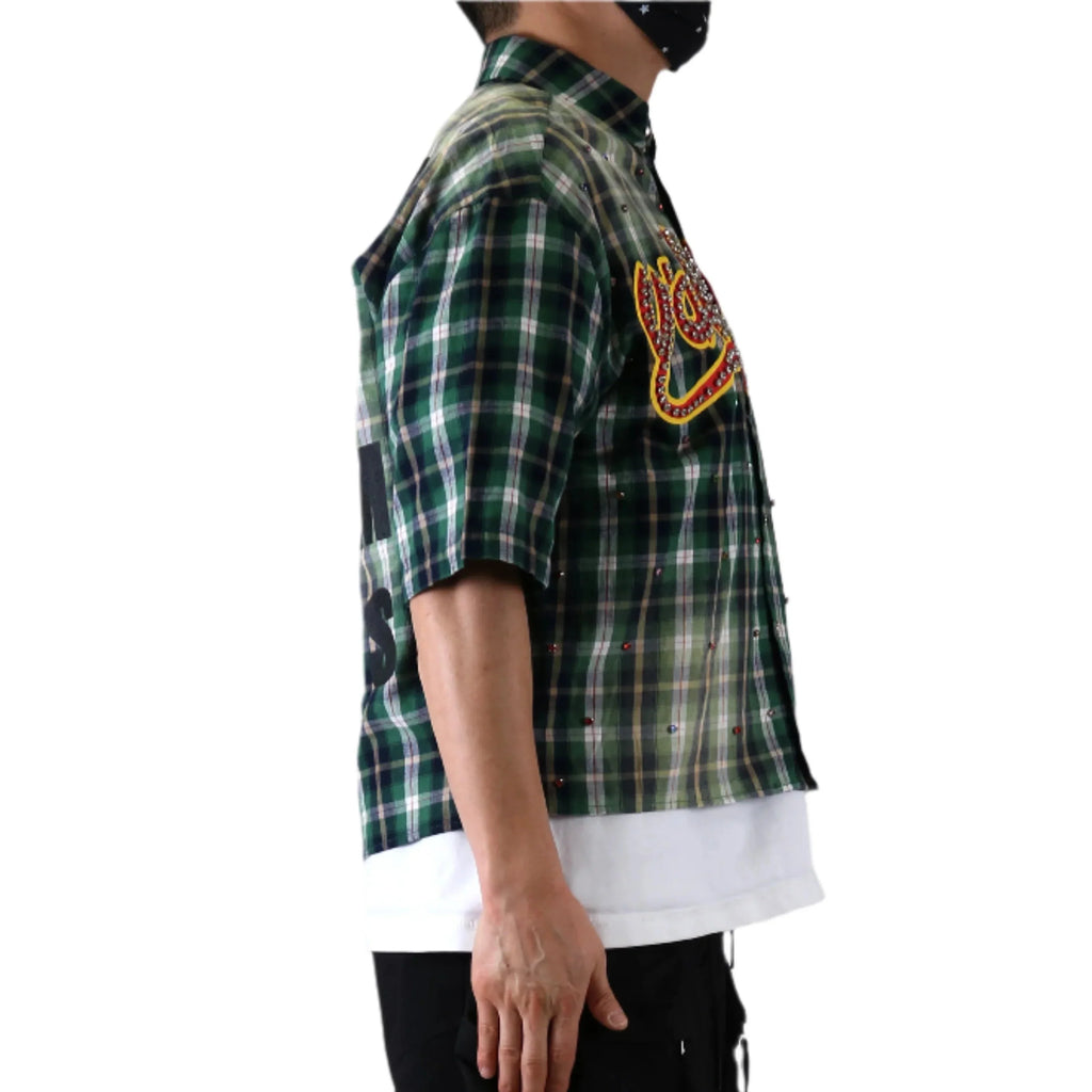 Men Washed Flannel Crop Top Button Down Shirt