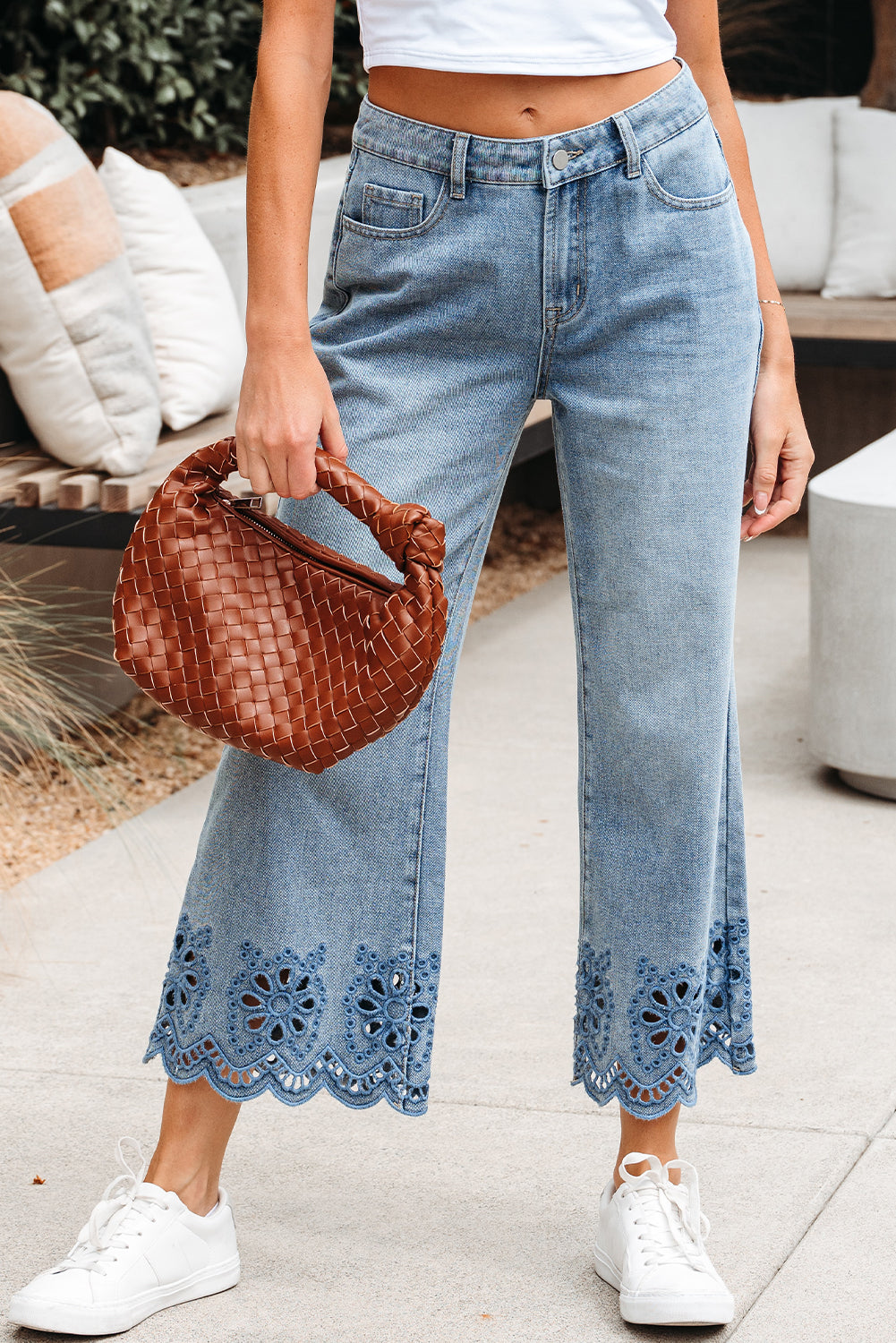 Dusk Blue Embroidered Cropped Wide Leg High Waist Jeans