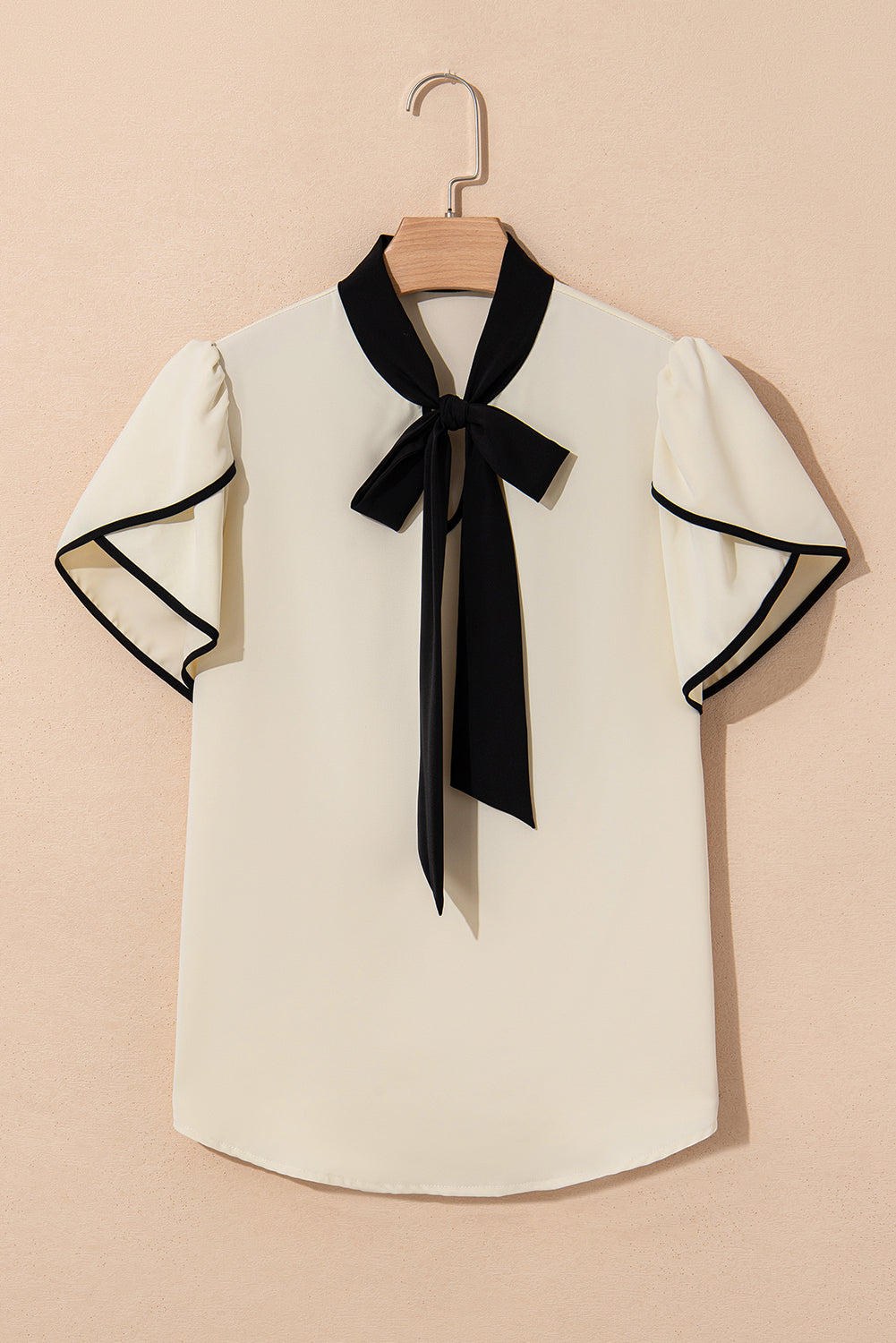White Bow Knot Neckline Contrast Stripe Short Sleeve Blouse