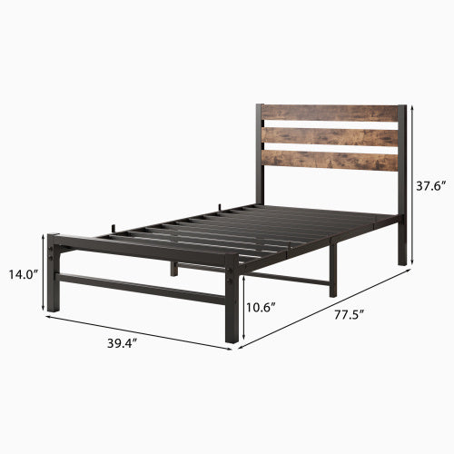 Twin Size Platform Bed Frame With Rustic Vintage Wood Headboard, Strong Metal Slats Support Mattress Foundation, No Box Spring Needed Rustic Brown