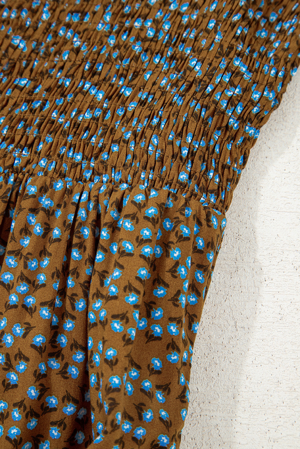 Brown Floral Print Western Smocked Bodice Square Neck Wide Leg Jumpsuit