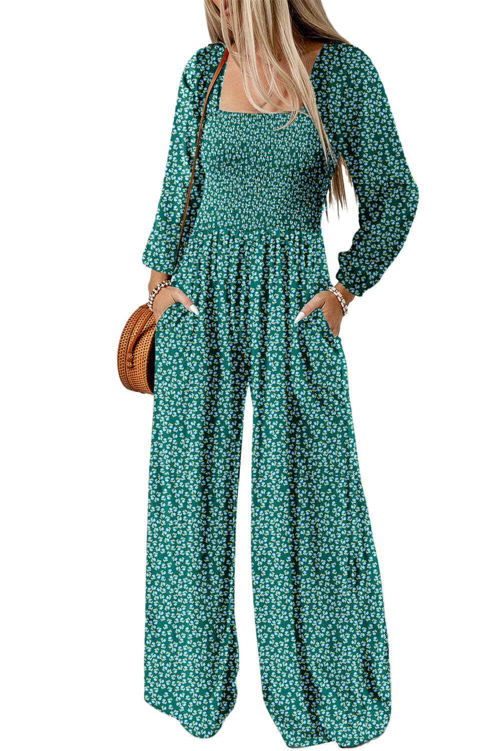Brown Floral Print Western Smocked Bodice Square Neck Wide Leg Jumpsuit