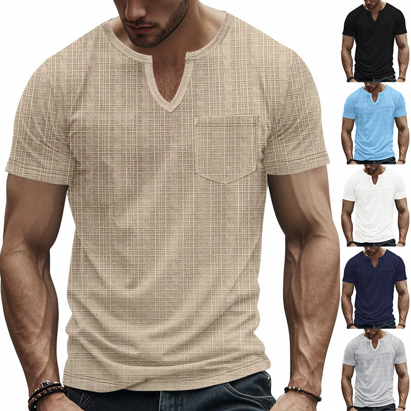 Men's Artificial Linen Bamboo Loose Casual Breathable V-neck Solid Color Short Sleeve