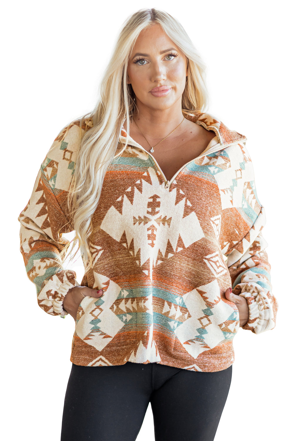 Khaki Quarter Zip Elastic Cuffs Aztec Sweatshirt