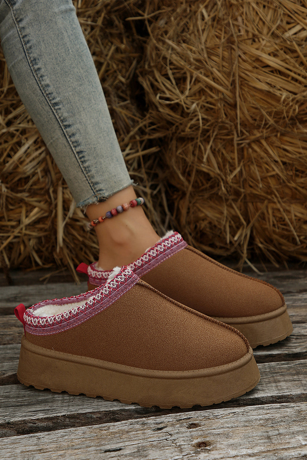Black Contrast Print Suede Plush Lined Snow Boots
